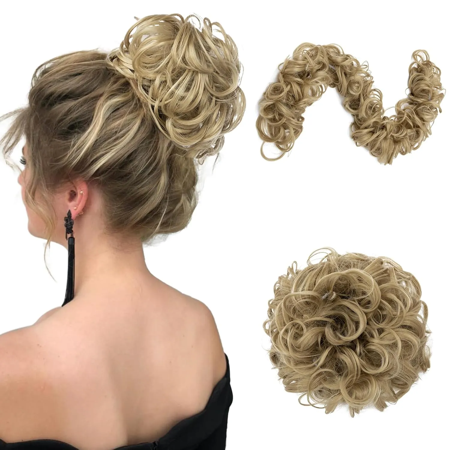 Benehair Messy Bun Hair Piece Juva Bun Hair Scrunchie Fluffy Curly Touseld Updo DIY Wrap Around Ponytail Hairpiece 32inch Wavy Donut Chignons for Women Ash Blonde 85g