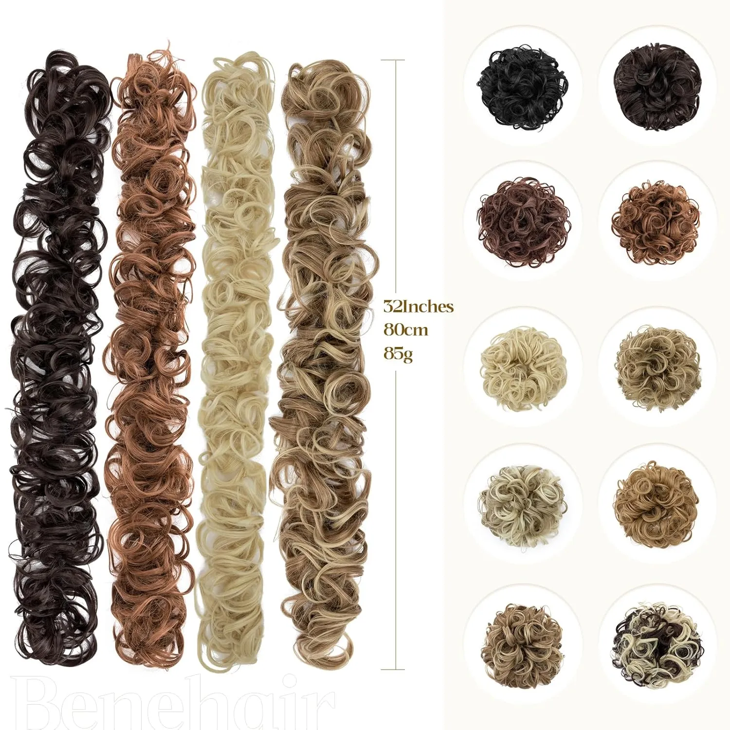 Benehair Messy Bun Scrunchie Hair Piece 32 inch DIY Wrap Around Ponytail Dark Blonde Fluffy Pony Tail Curly Touseld Hair Bun Juva Bun Hairpiece Wavy Donut Synthetic Chignons for Women 85g