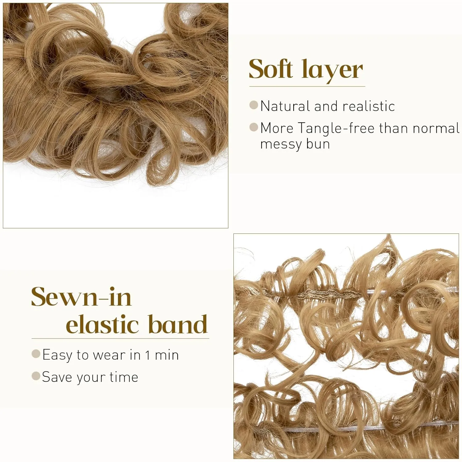 Benehair Messy Bun Scrunchie Hair Piece 32 inch DIY Wrap Around Ponytail Dark Blonde Fluffy Pony Tail Curly Touseld Hair Bun Juva Bun Hairpiece Wavy Donut Synthetic Chignons for Women 85g