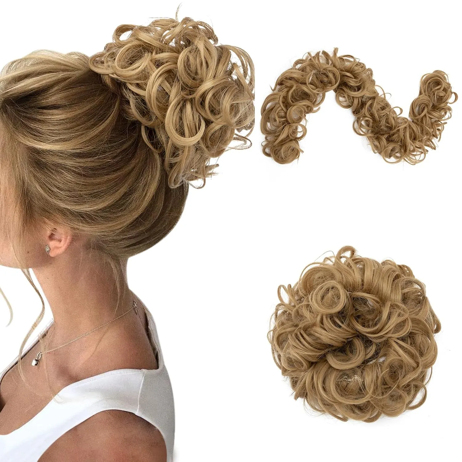 Benehair Messy Bun Scrunchie Hair Piece 32 inch DIY Wrap Around Ponytail Dark Blonde Fluffy Pony Tail Curly Touseld Hair Bun Juva Bun Hairpiece Wavy Donut Synthetic Chignons for Women 85g