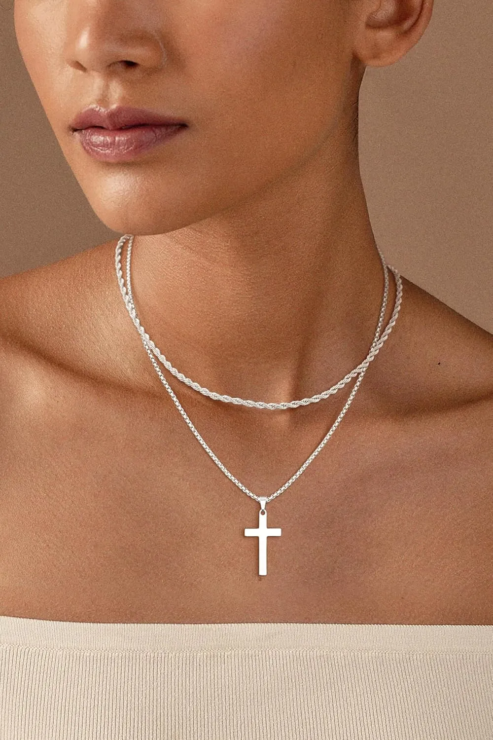 BERISO 14K Gold/Silver Cross Necklace for Women, Dainty Layered Cross Pendant Necklace, Delicate Gold Double Cross Necklaces for Women, Minimalist Religious Jewelry Gift