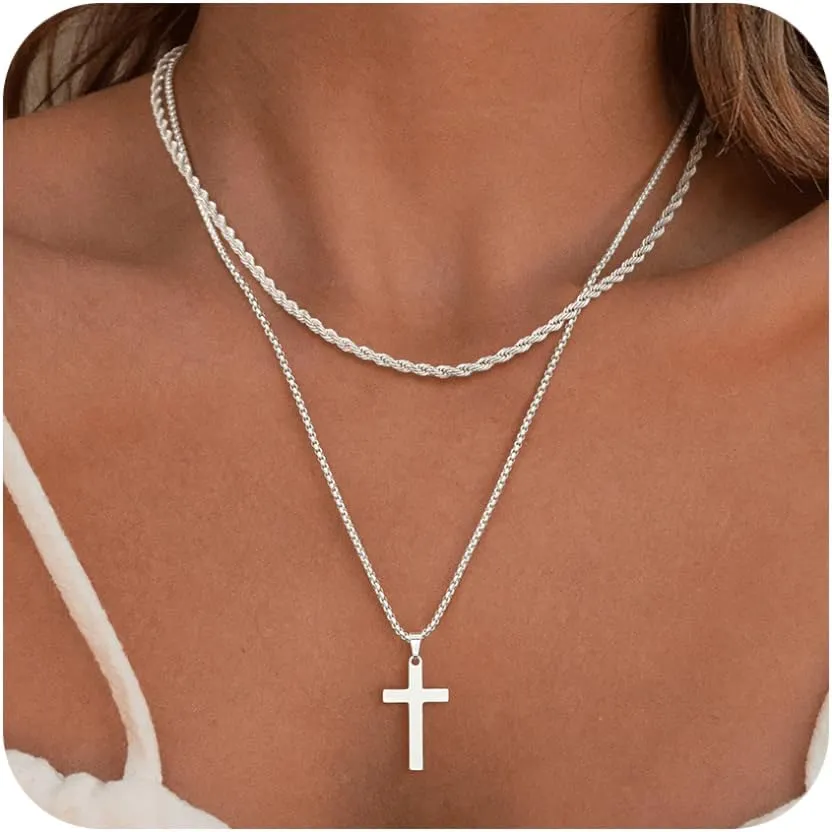 BERISO 14K Gold/Silver Cross Necklace for Women, Dainty Layered Cross Pendant Necklace, Delicate Gold Double Cross Necklaces for Women, Minimalist Religious Jewelry Gift