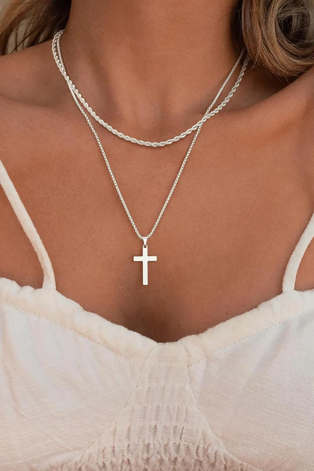 BERISO 14K Gold/Silver Cross Necklace for Women, Dainty Layered Cross Pendant Necklace, Delicate Gold Double Cross Necklaces for Women, Minimalist Religious Jewelry Gift