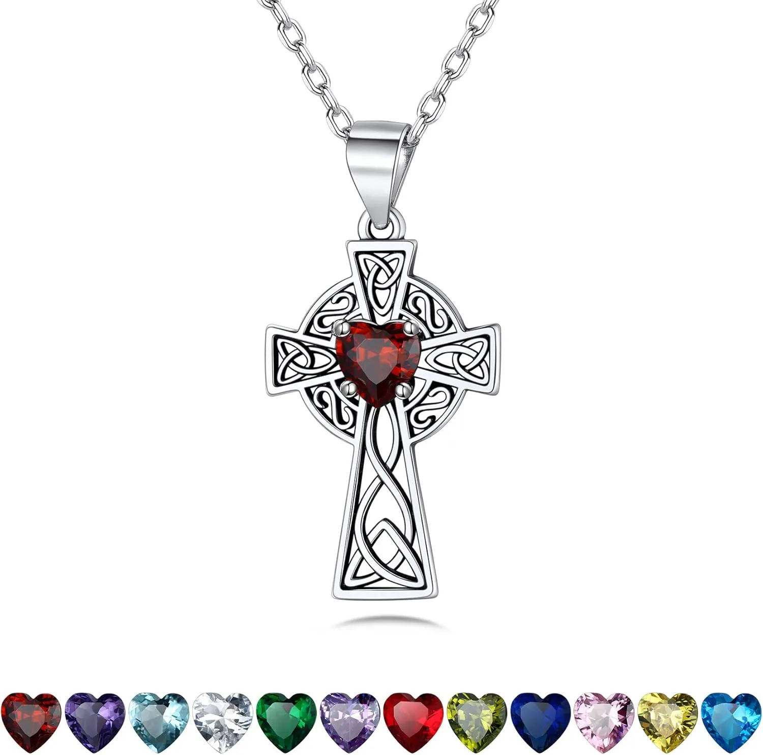 Bestyle Silver Celtic Cross Necklace with 12 Month Heart Birthstone, Dainty Celtic Birthstone Necklace Silver Chain for Women Faith Irish Amulet Lucky Birthstone Jewelry