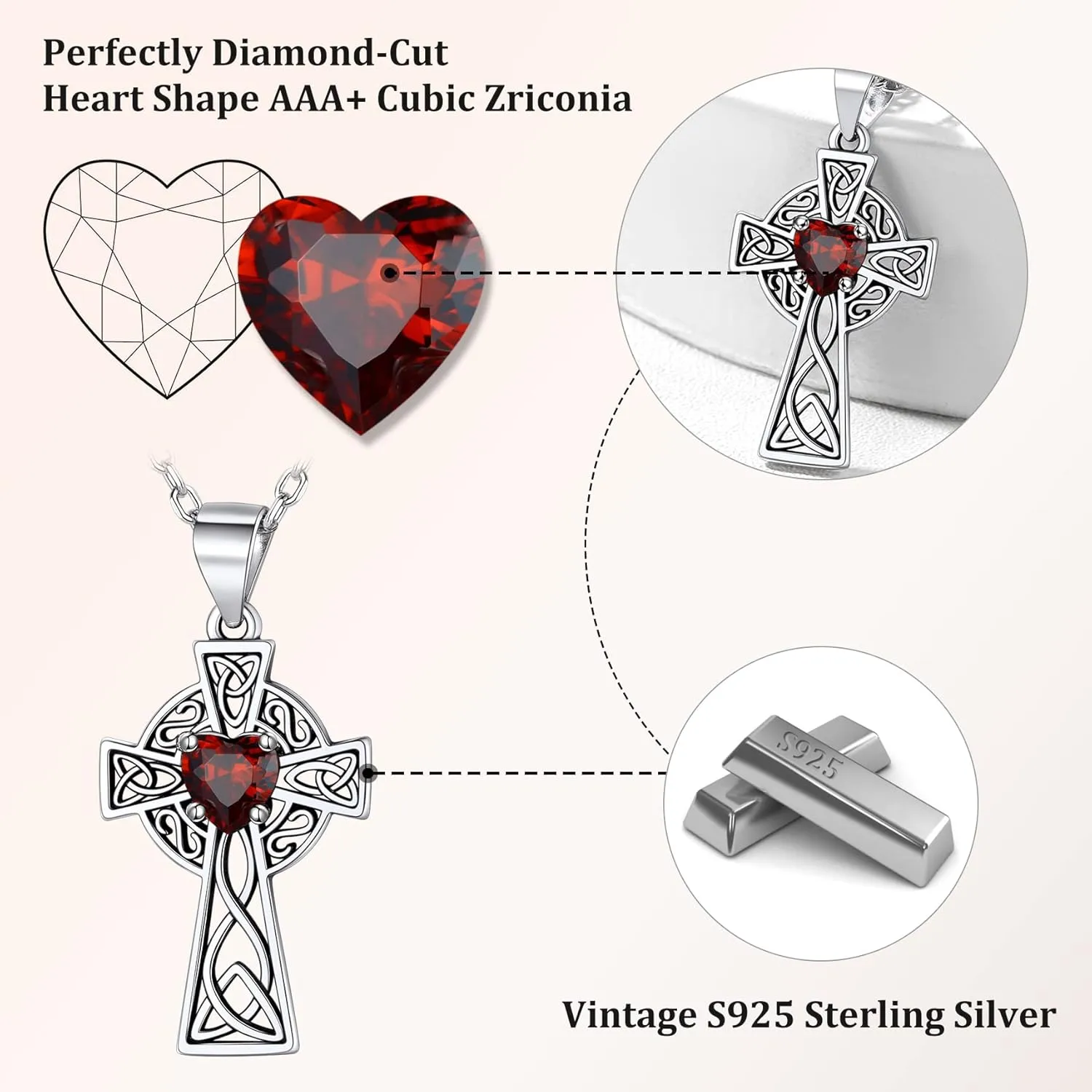 Bestyle Silver Celtic Cross Necklace with 12 Month Heart Birthstone, Dainty Celtic Birthstone Necklace Silver Chain for Women Faith Irish Amulet Lucky Birthstone Jewelry
