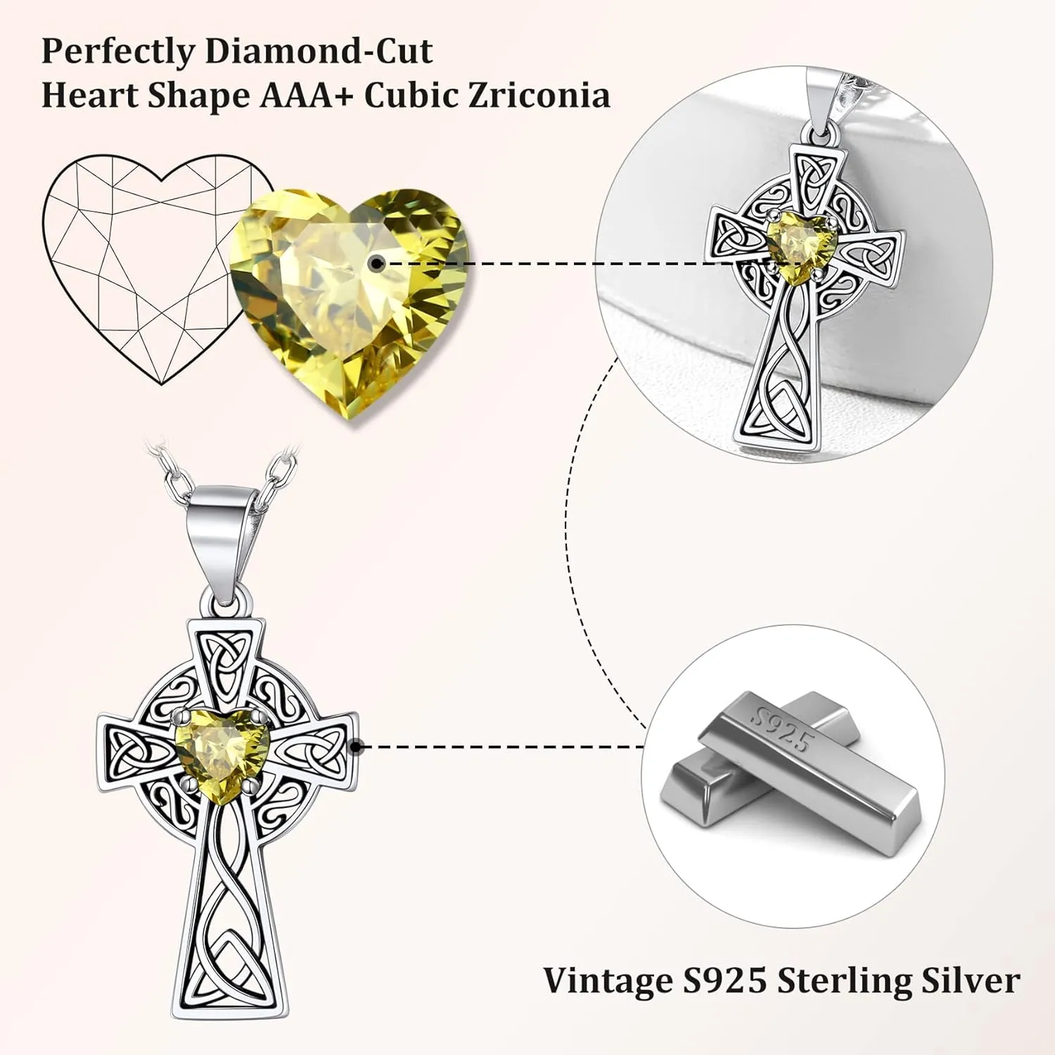 Bestyle Silver Celtic Cross Necklace with 12 Month Heart Birthstone, Dainty Celtic Birthstone Necklace Silver Chain for Women Faith Irish Amulet Lucky Birthstone Jewelry