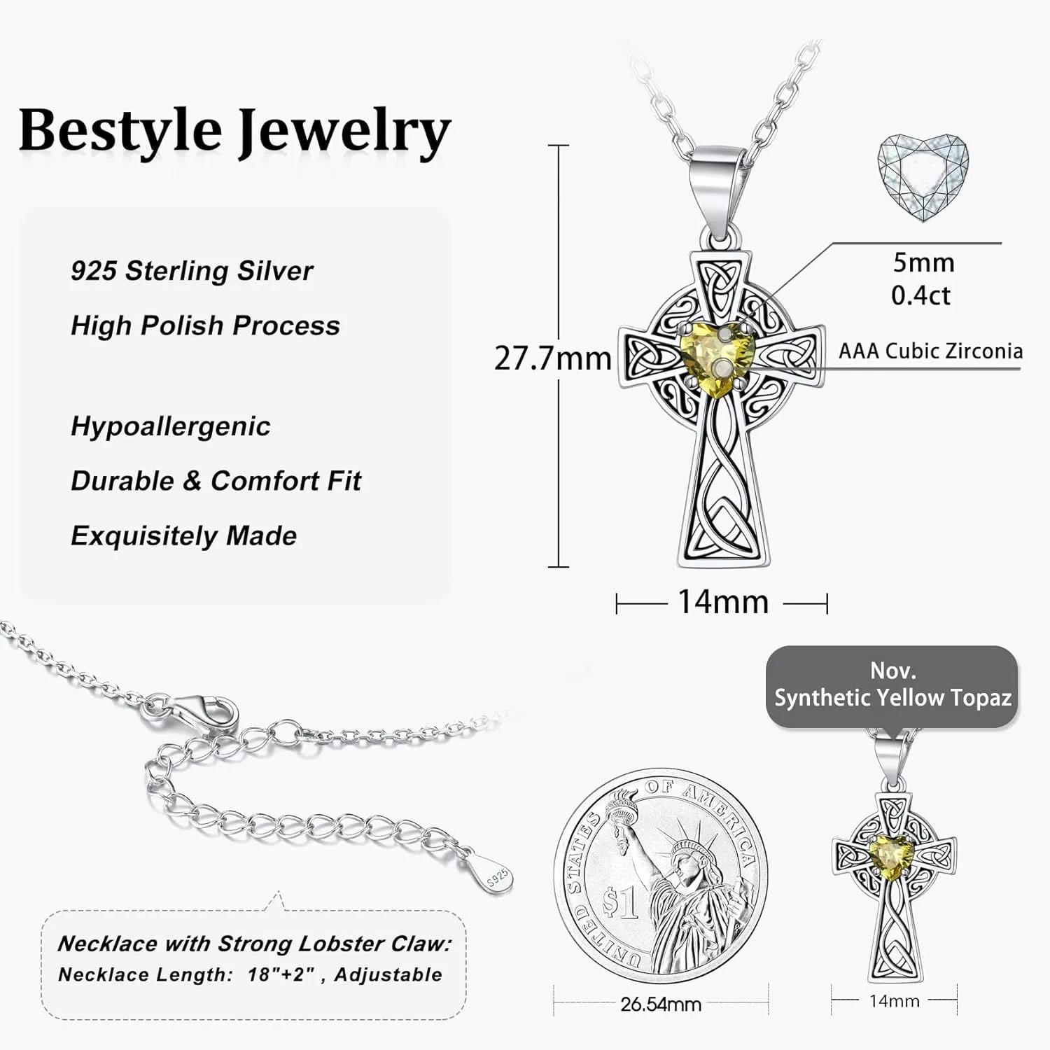 Bestyle Silver Celtic Cross Necklace with 12 Month Heart Birthstone, Dainty Celtic Birthstone Necklace Silver Chain for Women Faith Irish Amulet Lucky Birthstone Jewelry