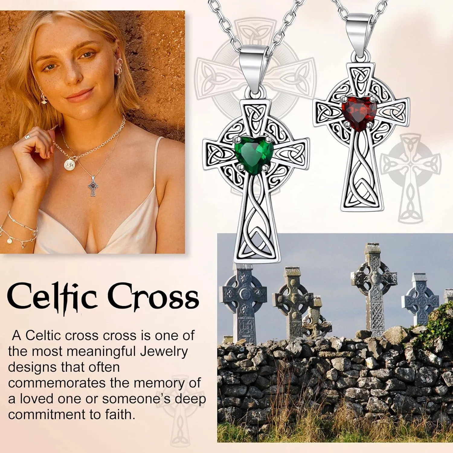 Bestyle Silver Celtic Cross Necklace with 12 Month Heart Birthstone, Dainty Celtic Birthstone Necklace Silver Chain for Women Faith Irish Amulet Lucky Birthstone Jewelry
