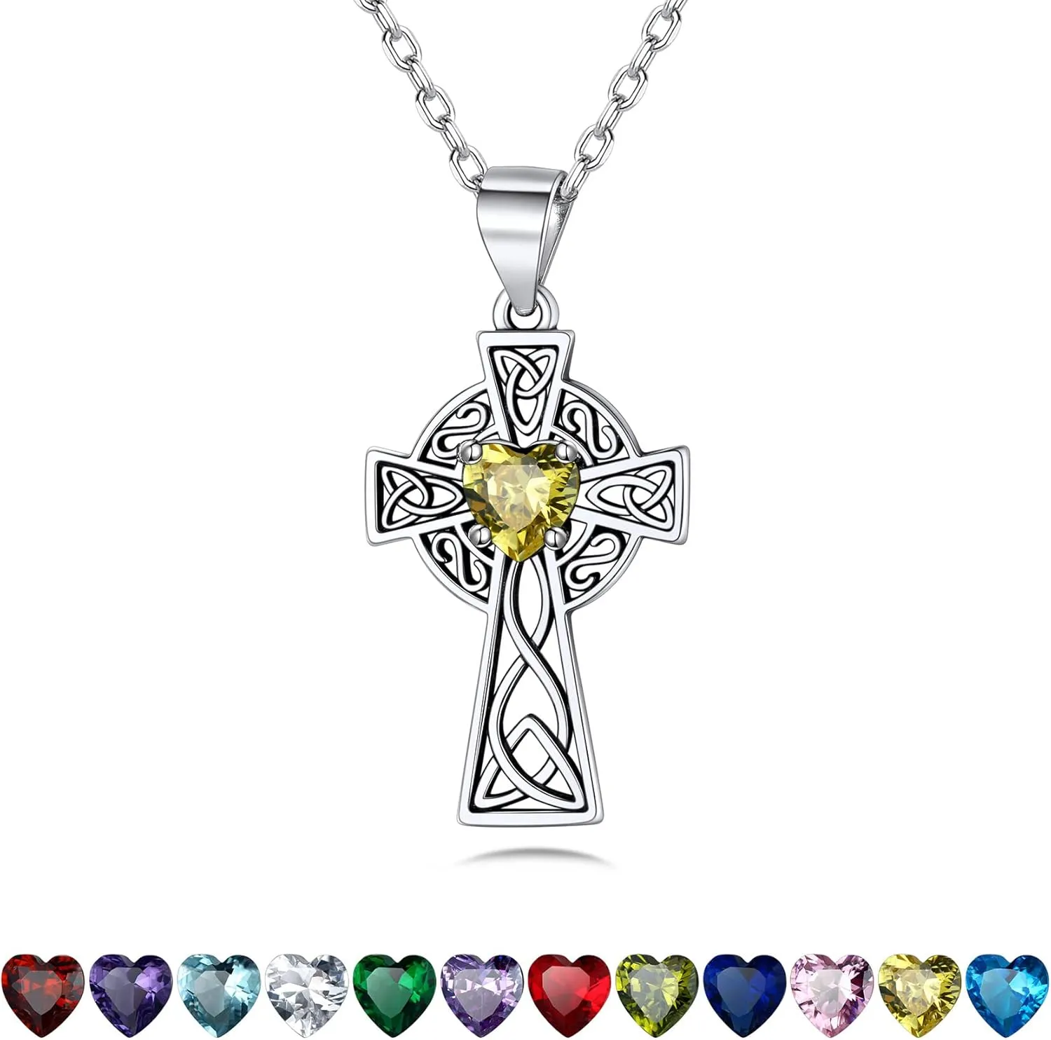 Bestyle Silver Celtic Cross Necklace with 12 Month Heart Birthstone, Dainty Celtic Birthstone Necklace Silver Chain for Women Faith Irish Amulet Lucky Birthstone Jewelry