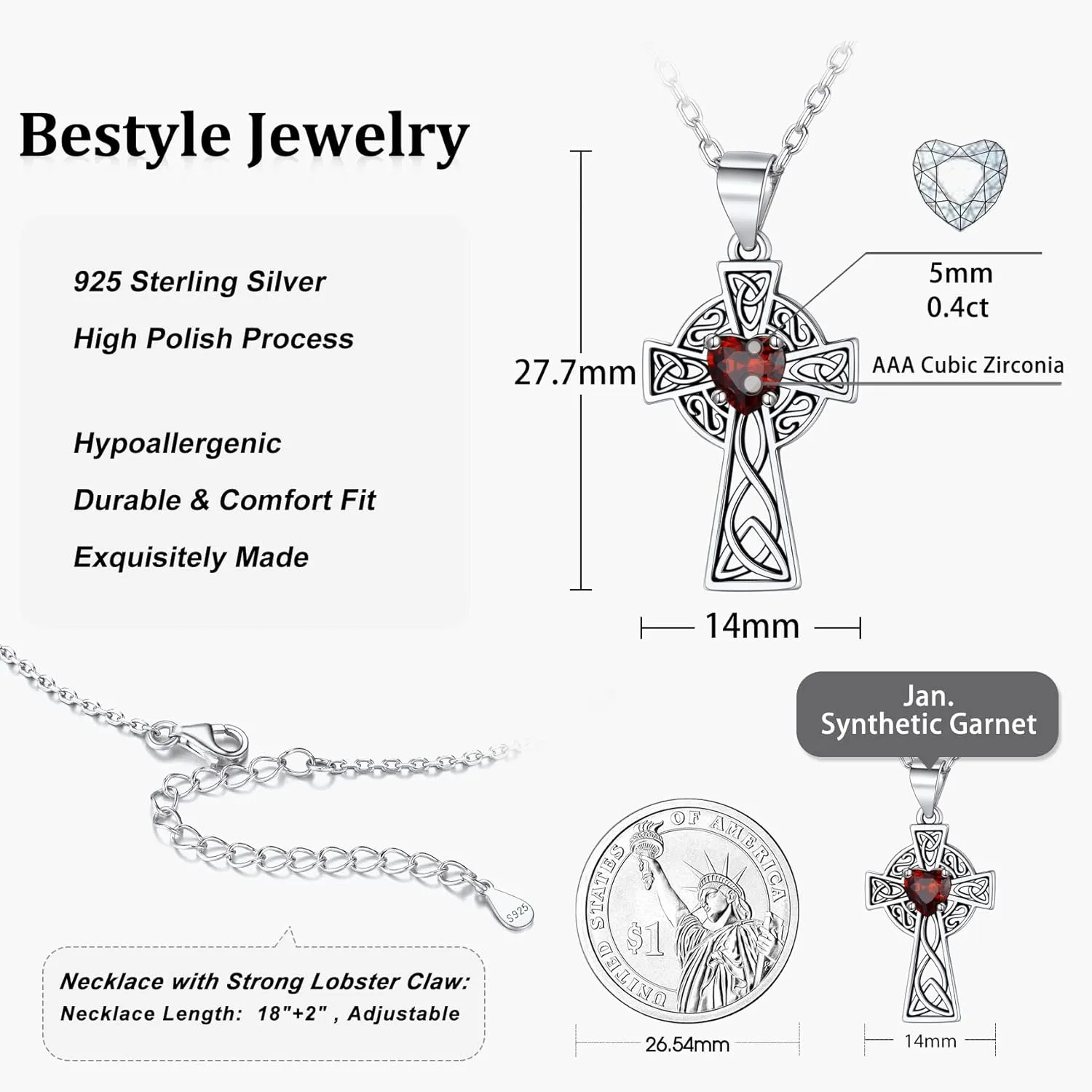 Bestyle Silver Celtic Cross Necklace with 12 Month Heart Birthstone, Dainty Celtic Birthstone Necklace Silver Chain for Women Faith Irish Amulet Lucky Birthstone Jewelry