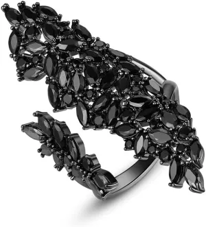 Black Rhinestone Cocktail Statement Ring for Women Unique Adjustable Gothic Crystal Costume Rings Party Prom Fashion Cubic Zirconia Open Cool Wedding Band Comfort Fit Jewelry