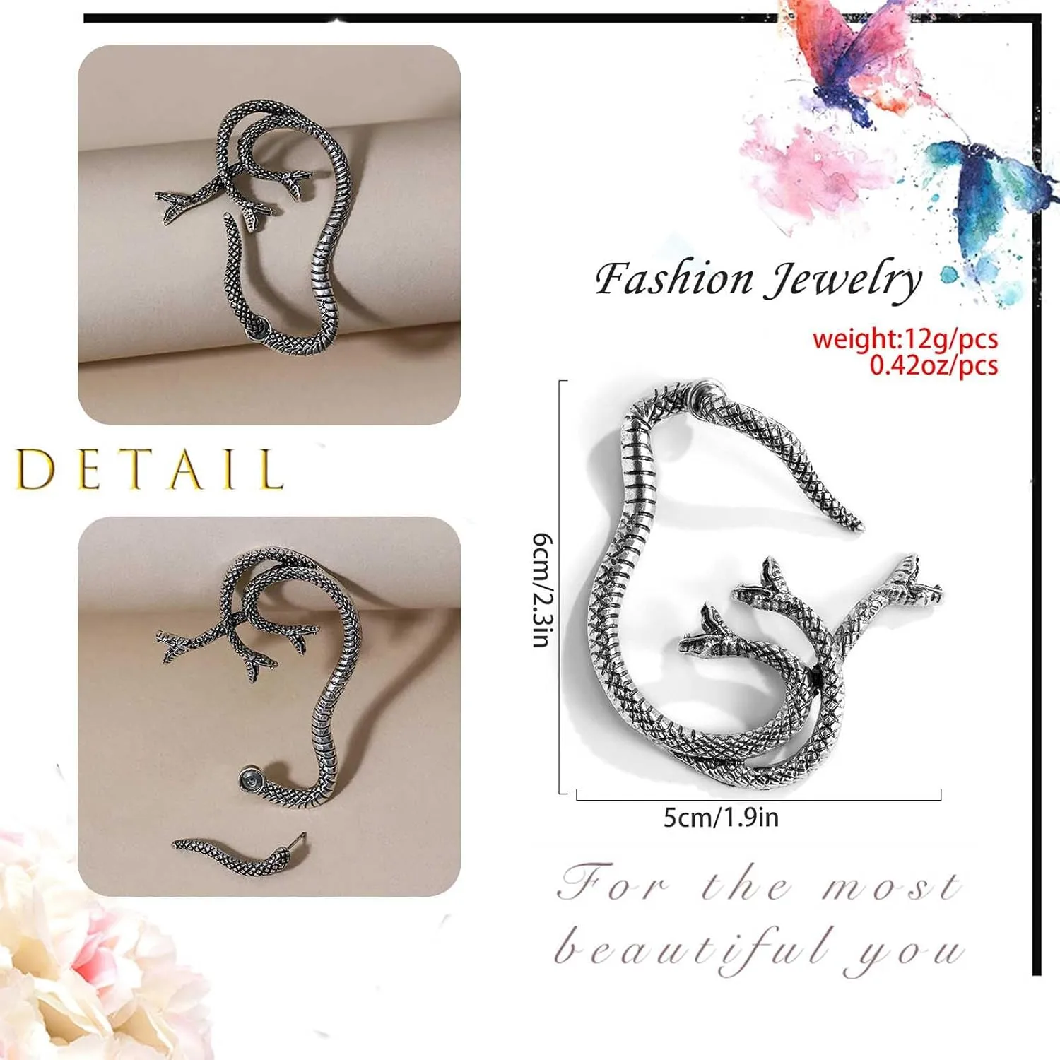 Black Snake Earrings for Women Long Serpent Ear Jacket Earrings Reptile Snake Front Back Earrings Punk Snake Shaped Edgy Earrings Halloween Costume Accessories Jewelry