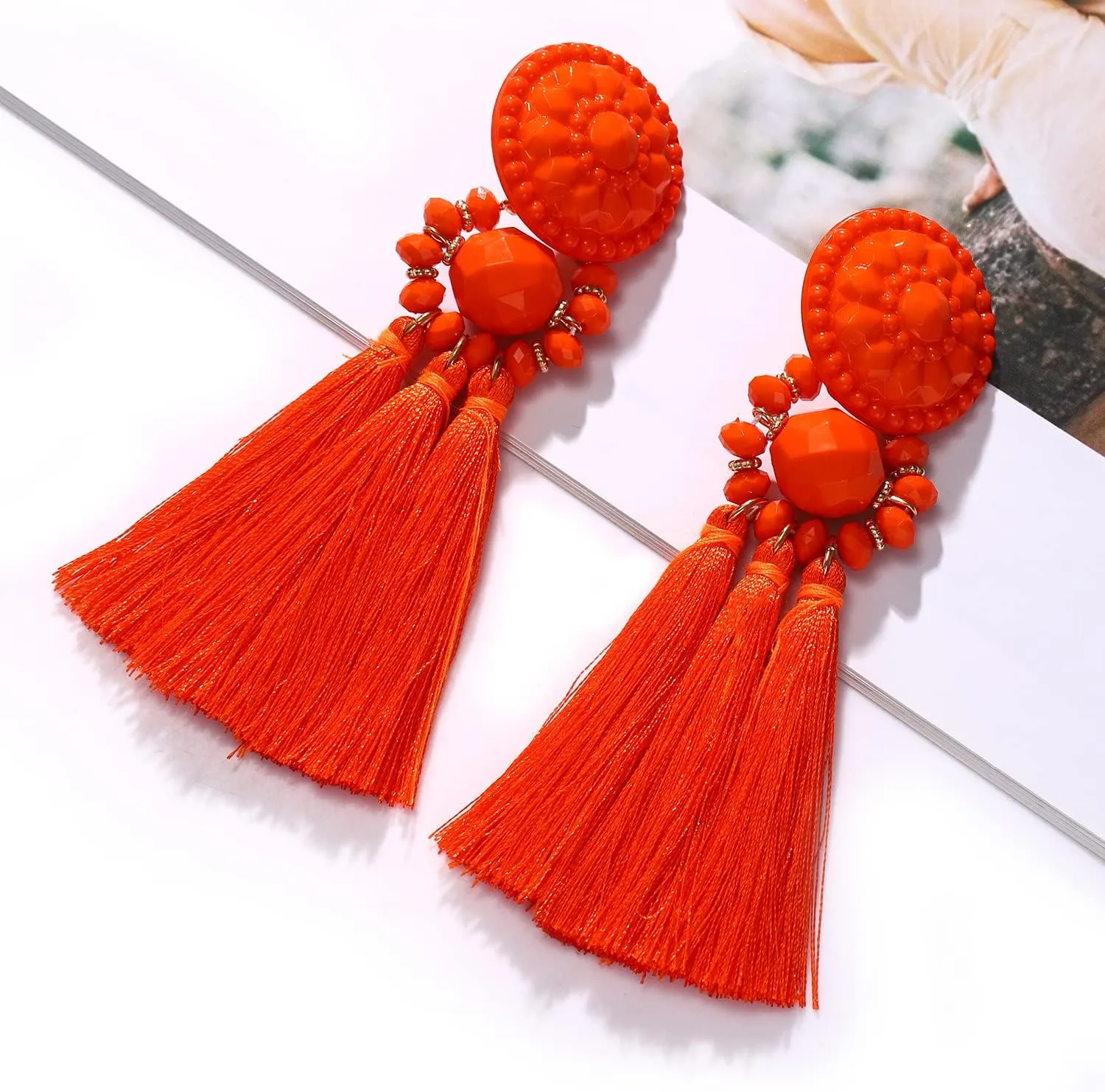 boderier Bohemian Statement Thread Tassel Chandelier Drop Dangle Earrings with Cassandra Button Stud
