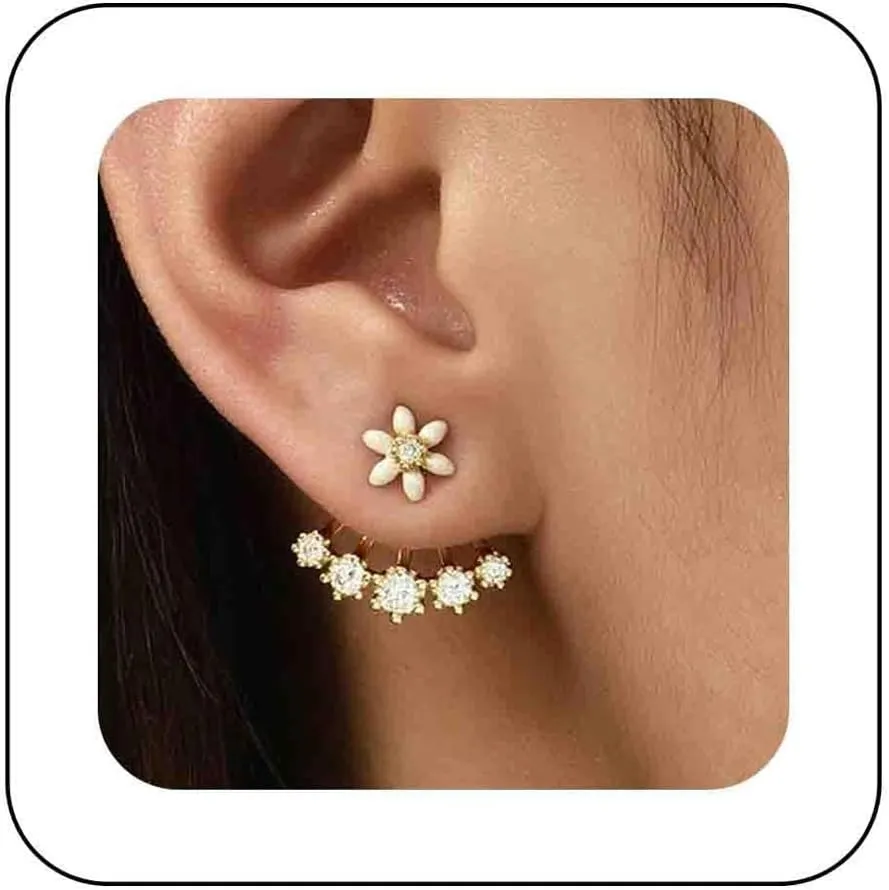 Bohemia CZ Flower Ear Jacket Earrings Daisy Flower Front Back Earrings Tiny Flower Stud Earrings Gold Crystal Climber EarringsJewelry for Women