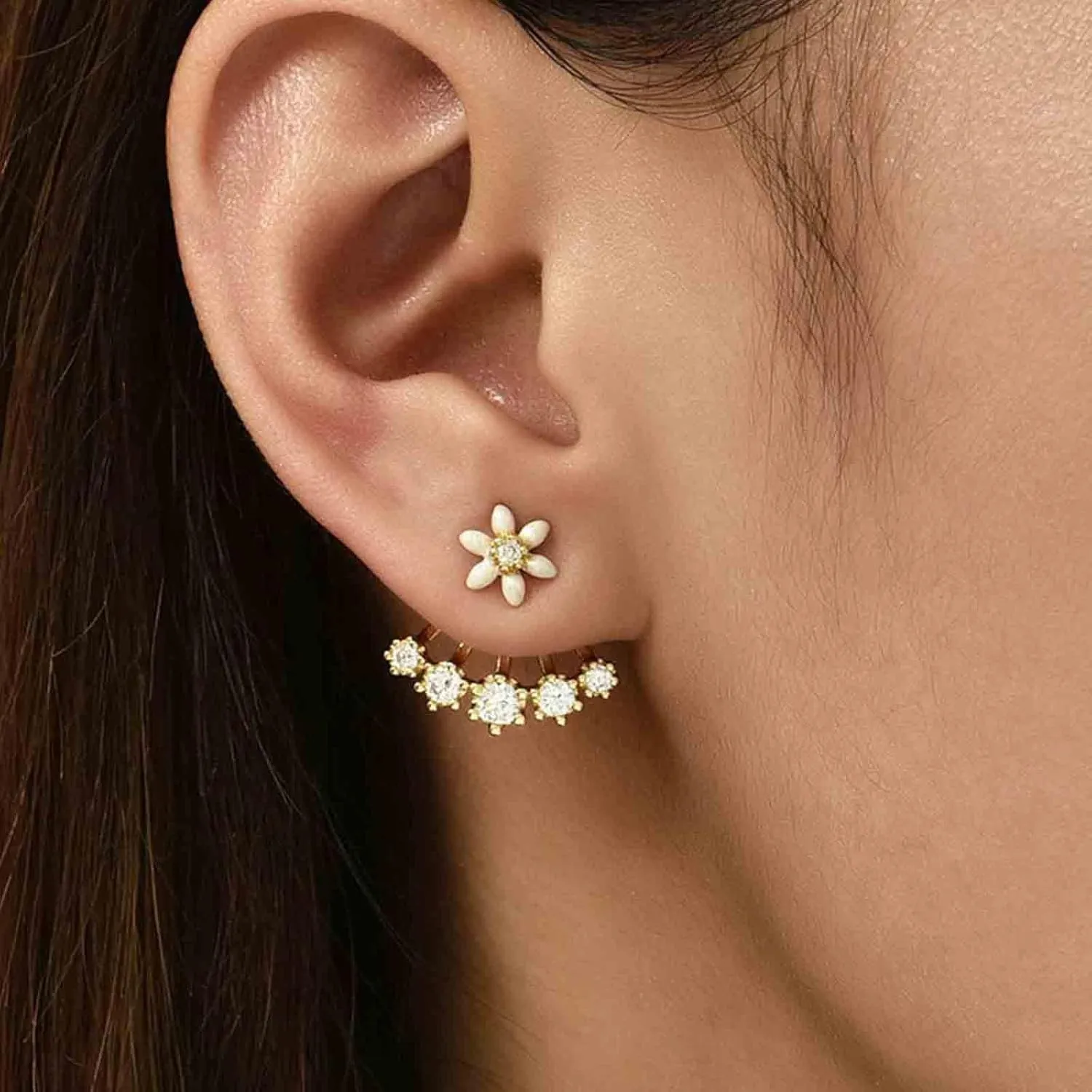 Bohemia CZ Flower Ear Jacket Earrings Daisy Flower Front Back Earrings Tiny Flower Stud Earrings Gold Crystal Climber EarringsJewelry for Women