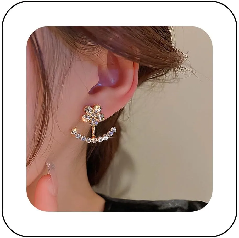 Bohemian Crystal Flower Jacket Earrings Gold Cz Flower Earrings Small Paved Arc Bar Stud Earrings Minimalist Rhinestone Flower Bar Earrings Jewelry for Women Gifts