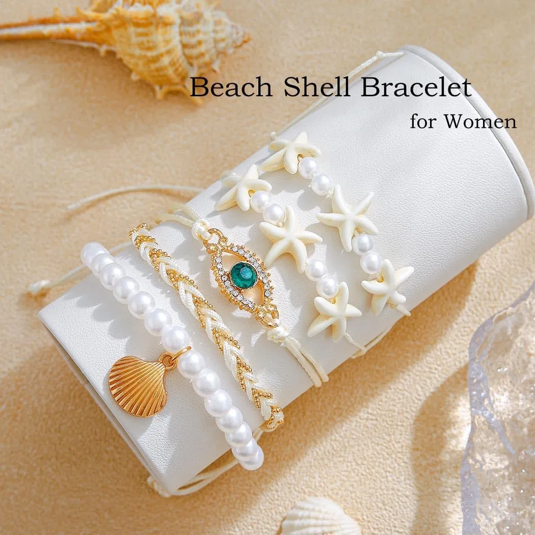 Boho Beach Bracelets Summer Beaded Bracelets for Women Gold Layered Bracelet Set Pearl Shell Bracelet Ocean Adjustable Bangle