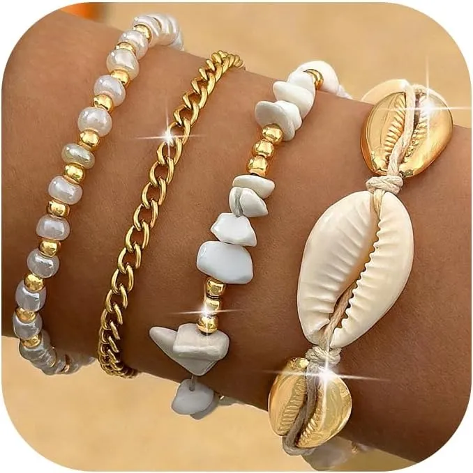 Boho Beach Cuff Bracelets for Women Adjustable Stackable Starfish Shell Bead Bracelets Handmade Waterproof Surfer Beach Bracelet Cute Trendy Jewelry