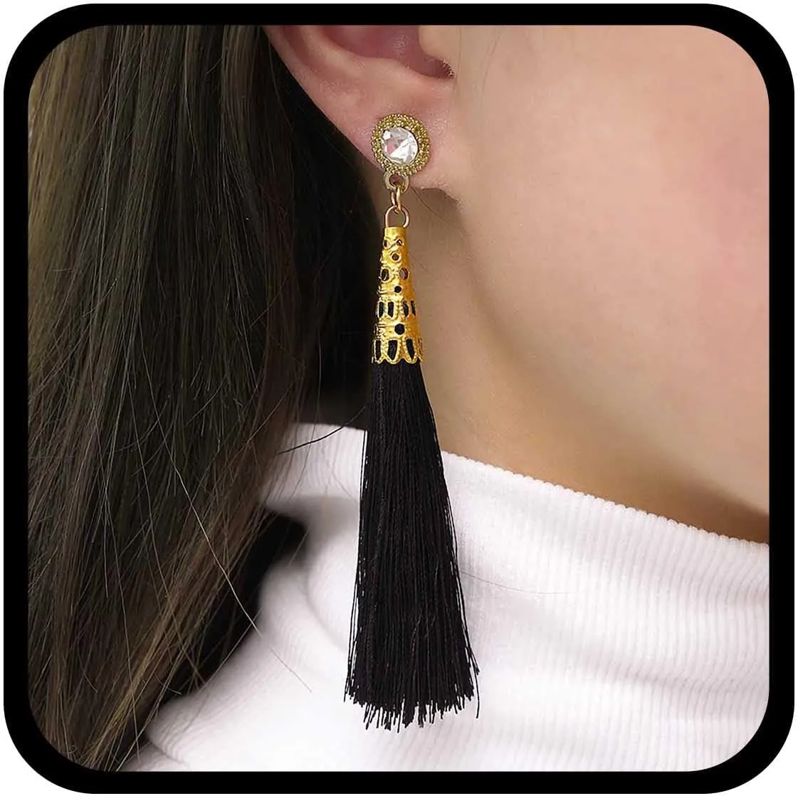 Boho Black Tassel Drop Earrings Long Tassel Earrings Silk Fringe Statement Gold Crystal Stud Jewelry for Women