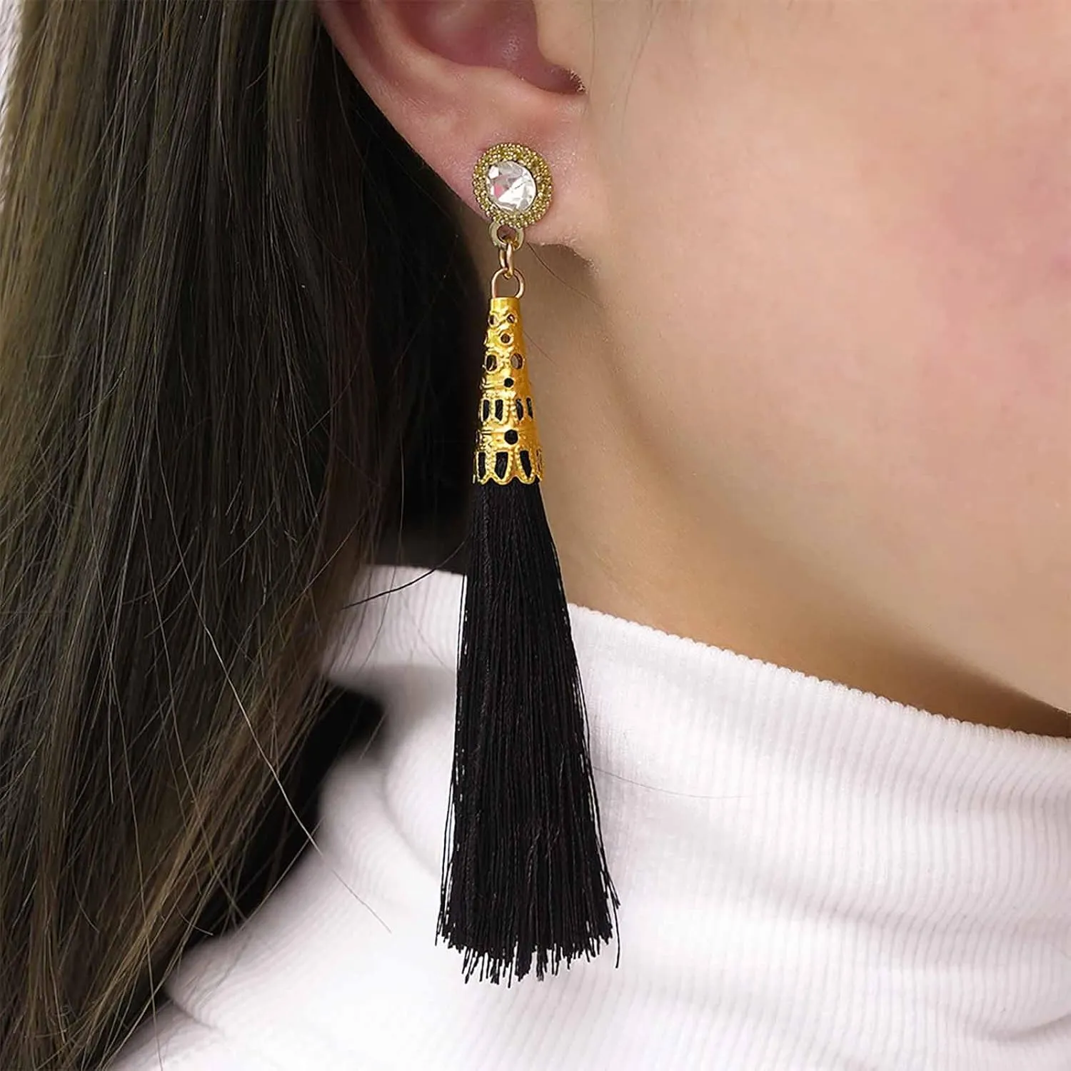 Boho Black Tassel Drop Earrings Long Tassel Earrings Silk Fringe Statement Gold Crystal Stud Jewelry for Women
