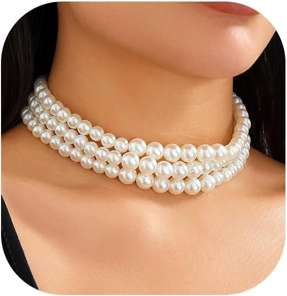 Boho Choker Necklaces for Women - Faux Round Pearl Layered Fashion Chunky Thick Clavicle Necklace Wedding Bride Jewelry Gifts