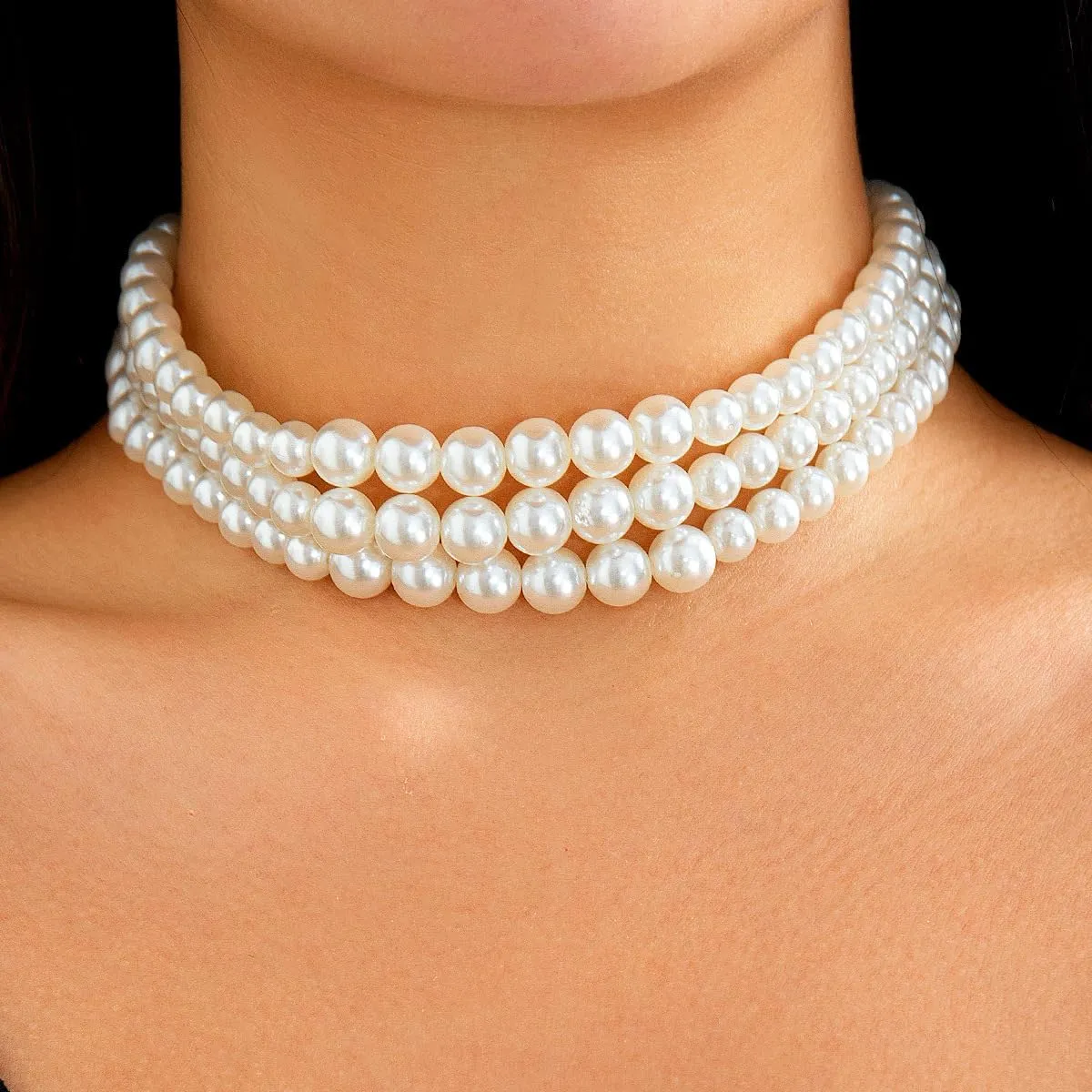 Boho Choker Necklaces for Women - Faux Round Pearl Layered Fashion Chunky Thick Clavicle Necklace Wedding Bride Jewelry Gifts
