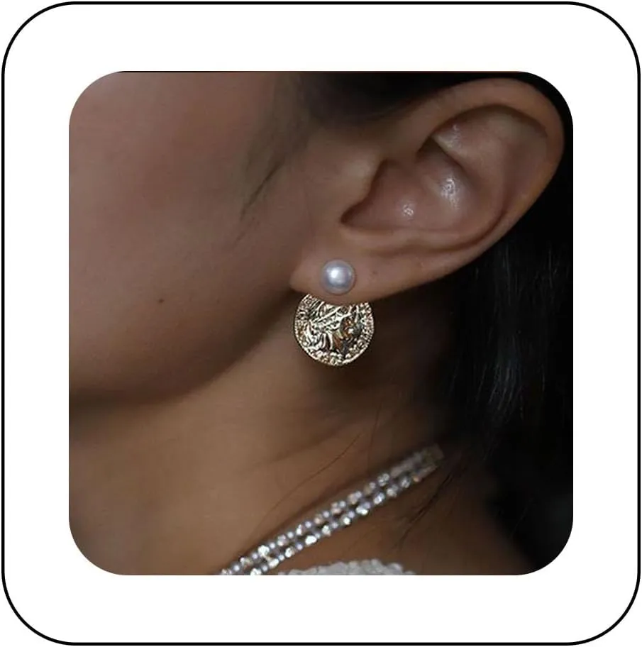 Boho Coin Pearl Ear Jacket Earrings Vintage Gold Coin Disc Earrings Pearl Jacket Stud Earrings Medallion Coin Earrings Jewelry for Women