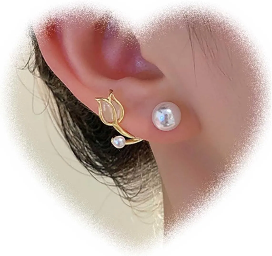 Boho Flower Pearl Jacket Earrings Vintage Pearl Earrings Moonstone Flower Earrings Gold Pearl Stud Earrings Trendy Tulip Earrings Pearl Front Back Earrings Jewelry for Women and Teen Gifts