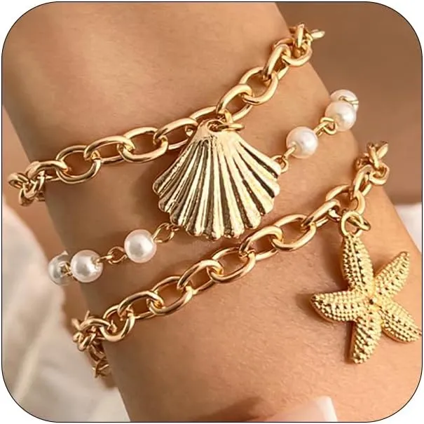 Boho Gold Starfish Sea Shell Pearl Bracelets for Women Trendy, Statement SeaShell Star Beachy Chain Bracelet Beach Ocean Party Holiday Jewelry Gifts