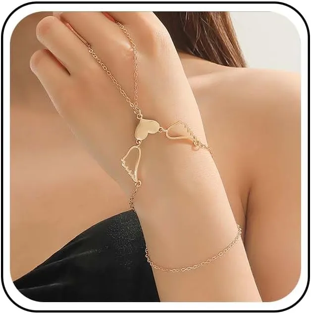 Boho Heart Ring Bracelets Vintage Heart Slave Chain Bracelet Heart Finger Chain Bracelet Angel Wing Ring Wrist Chain Bracelet Adjustable Slave Bracelet for Women