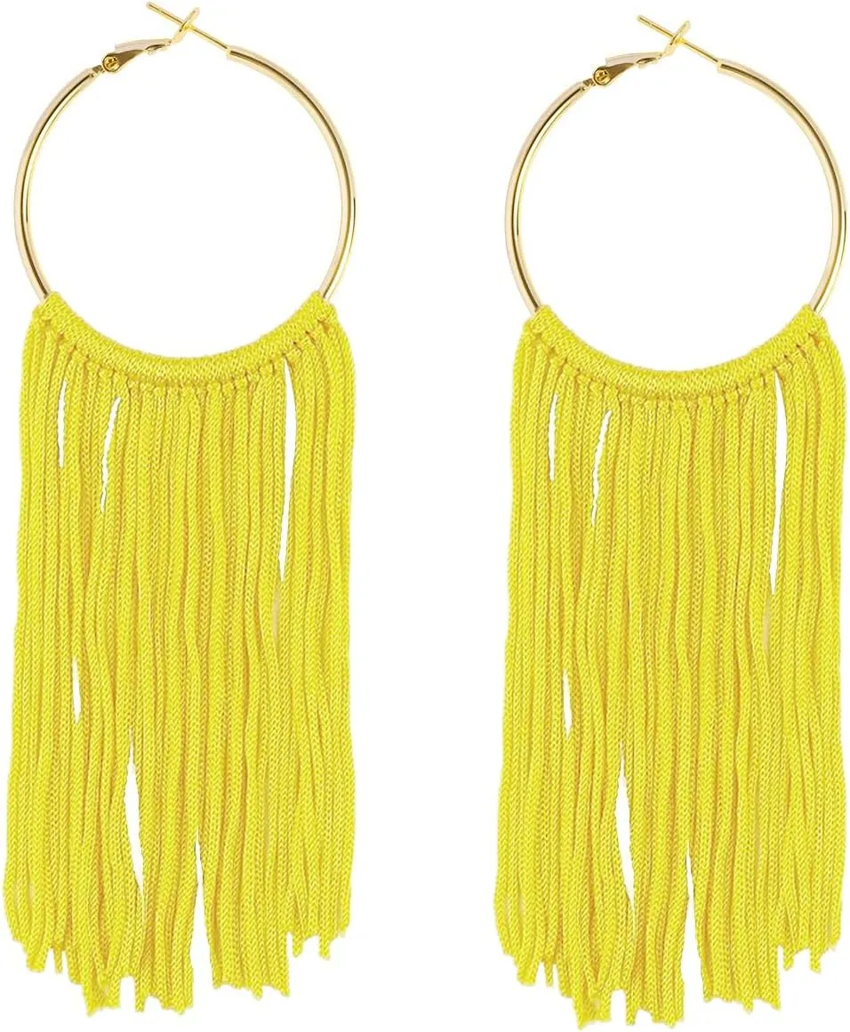 Boho Long Tassel Dangle Earrings for Women Lightweight Circle Hoop Silky Thread Fringe Drop Statemen Earrings