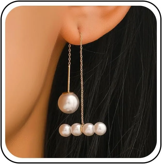 Boho Pearl Threader Earrings Vintage Pearl Chain Through Threader Earrings Long Pearl Tassel Chain Drop Earrings Pearl Long Tassel Dangle Earrings Jewelry for Women