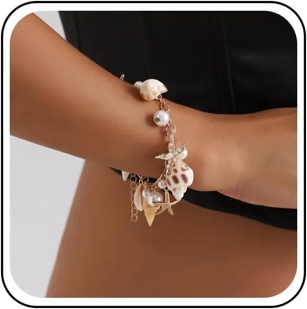 Boho Shell Starfish Anklet Bracelets Pearl Conch Starfish Bracelet Gold Starfish Conch Pendant Bracelet Summer Beach Starfish Bracelet Seashell Pearl Tassel Bracelet