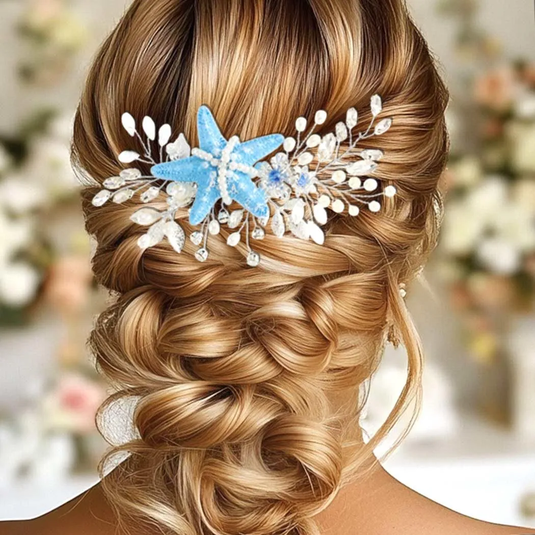 CASDRE Starfish Bride Wedding Hair Vine Blue Pearl Bridal Hair Accessories Sparkly Rhinestone Hair Pieces for Women and Girls