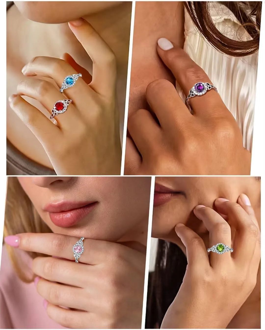 Celtic Birthstone Rings for Women Created Gemstone Round Halo Statement Promise Band Rings Celtic Knot Jewelry