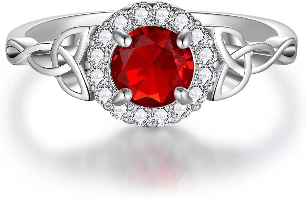 Celtic Birthstone Rings for Women Created Gemstone Round Halo Statement Promise Band Rings Celtic Knot Jewelry