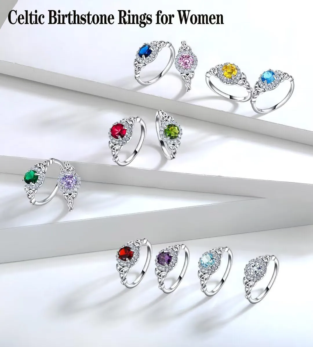 Celtic Birthstone Rings for Women Created Gemstone Round Halo Statement Promise Band Rings Celtic Knot Jewelry