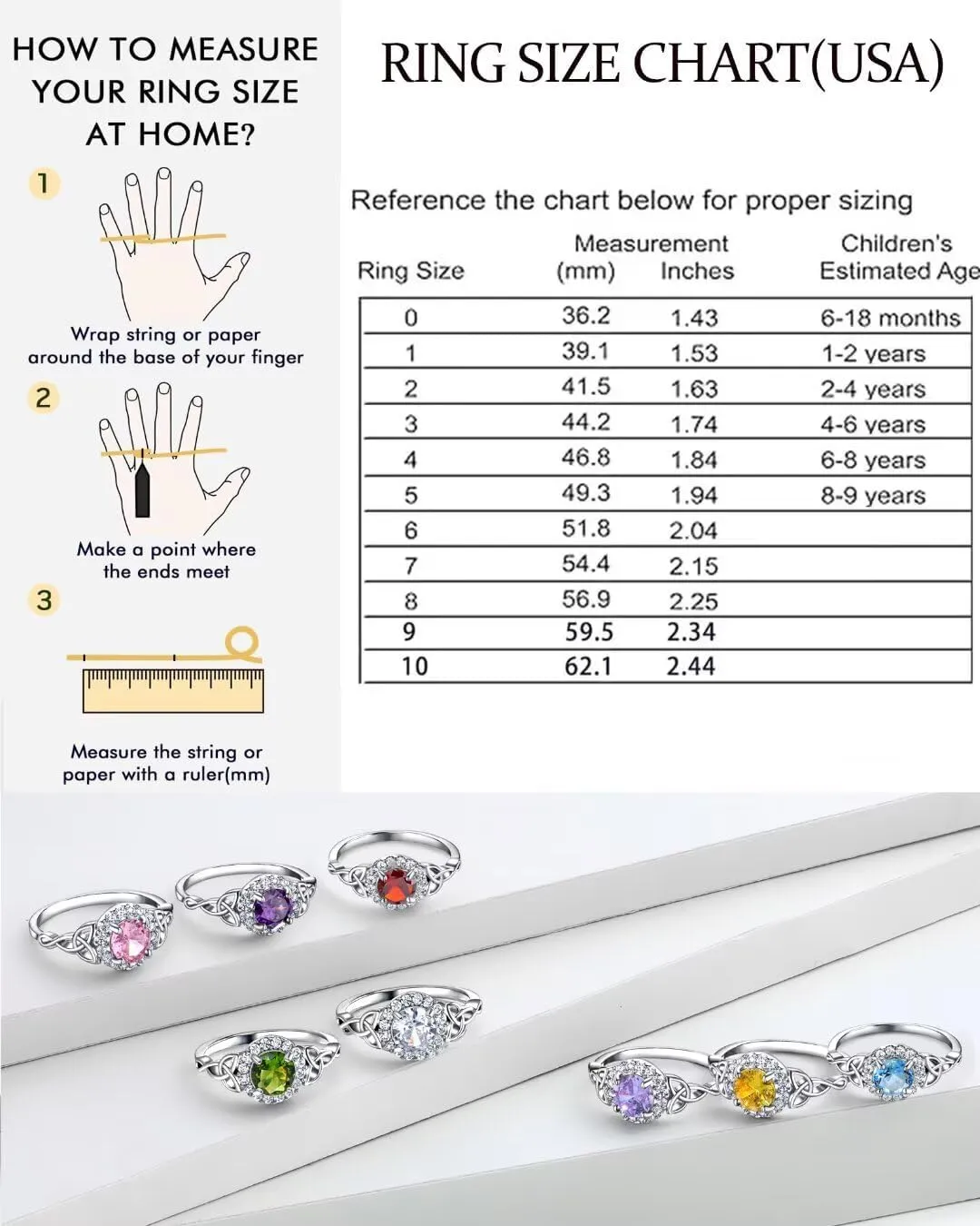 Celtic Birthstone Rings for Women Created Gemstone Round Halo Statement Promise Band Rings Celtic Knot Jewelry