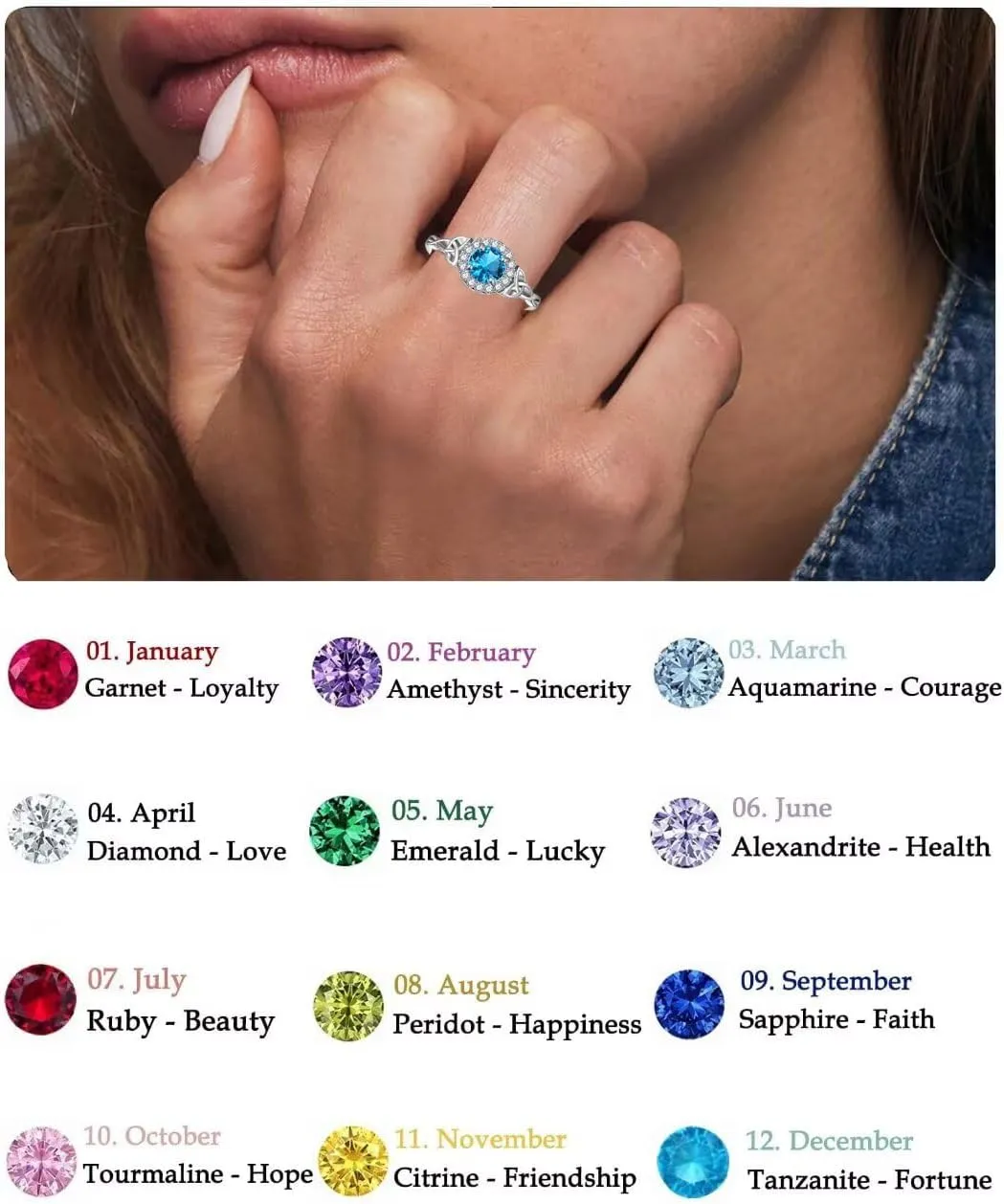 Celtic Birthstone Rings for Women Created Gemstone Round Halo Statement Promise Band Rings Celtic Knot Jewelry
