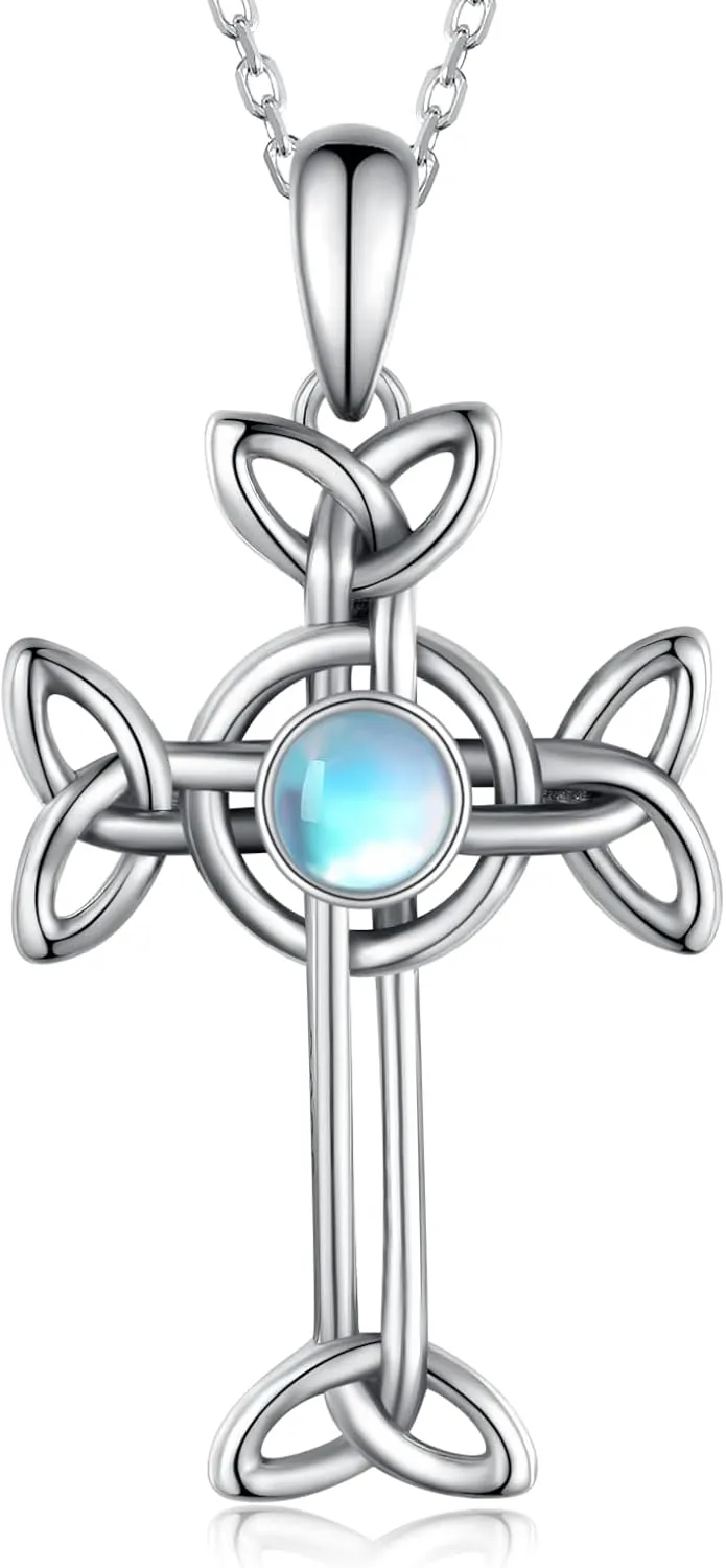 Celtic Cross Necklace for Women 925 Sterlling Silver Moonstone Celtic Cross Pendant Necklaces Irish Jewelry Gifts for Women