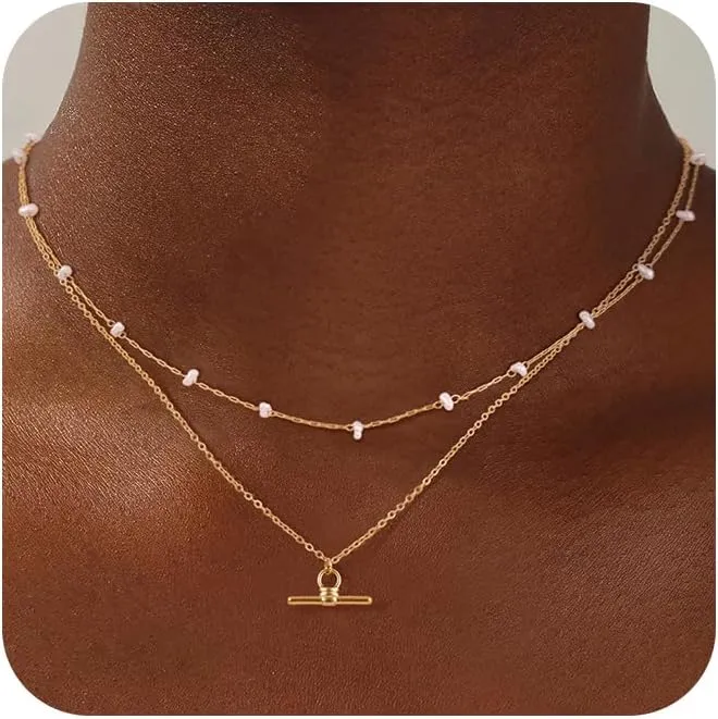 CHESKY Gold Necklace for Women Chunky Pendant Necklace Cuban Chain Sliver Paperclip Layered Necklace Pearl Choker Stack Necklace Sets Gold Beads Satellite Necklace Non Tarnish Necklace Trendy Jewelry