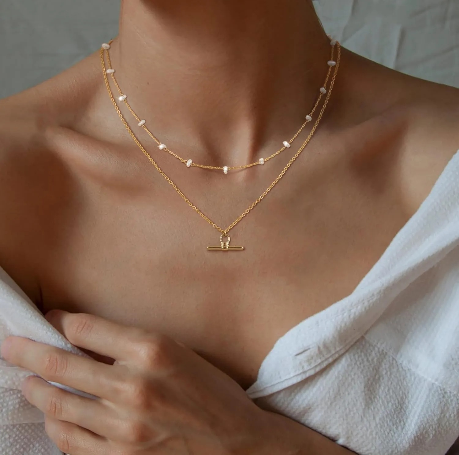 CHESKY Gold Necklace for Women Chunky Pendant Necklace Cuban Chain Sliver Paperclip Layered Necklace Pearl Choker Stack Necklace Sets Gold Beads Satellite Necklace Non Tarnish Necklace Trendy Jewelry