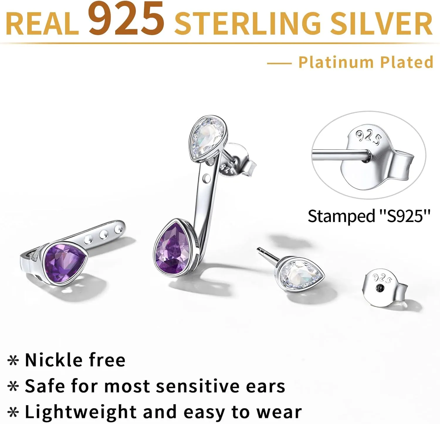 ChicSilver 925 Sterling Silver Double Pear Shape Birthstone Ear Jacket Front Back Earrings for Women