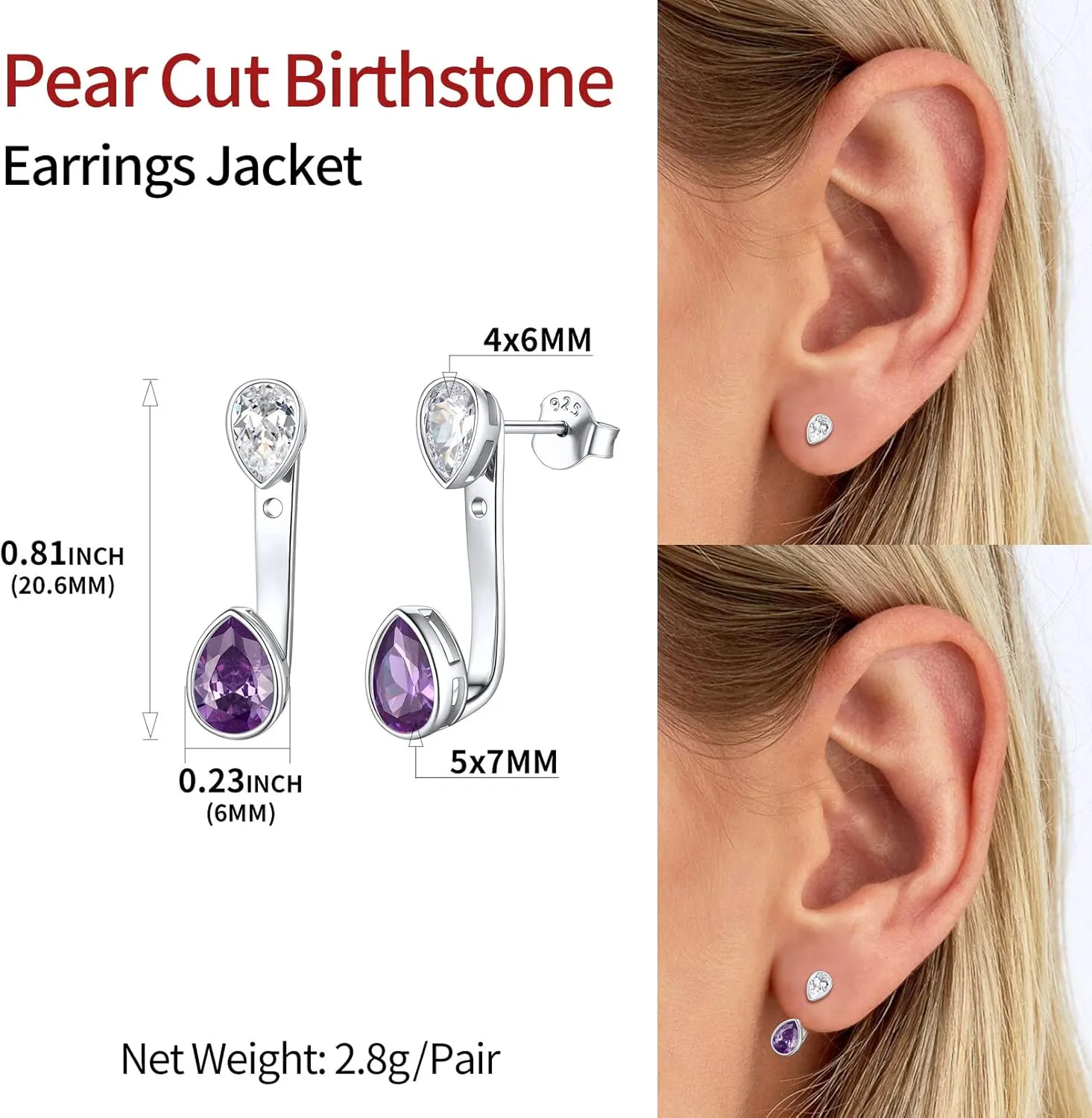 ChicSilver 925 Sterling Silver Double Pear Shape Birthstone Ear Jacket Front Back Earrings for Women