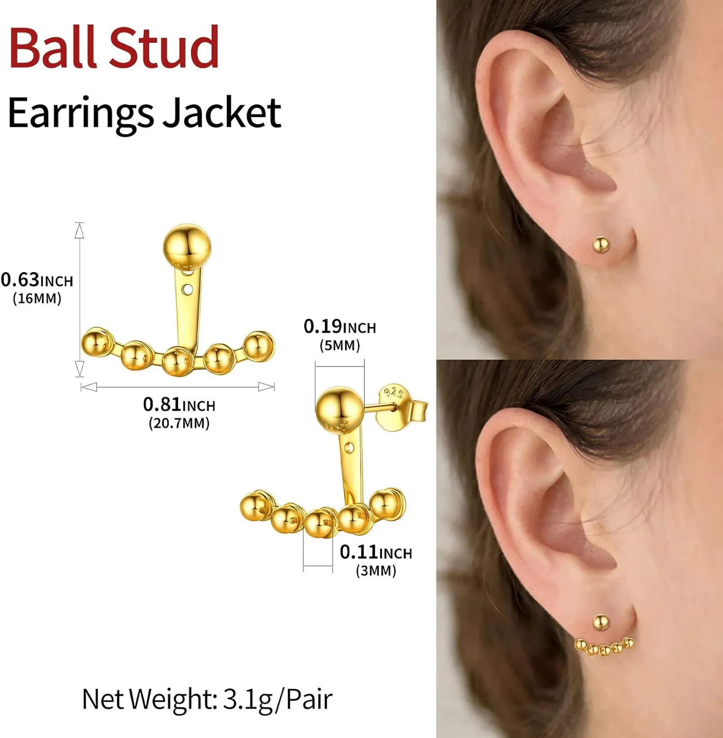 ChicSilver 925 Sterling Silver Ear Jacket Earrings Minimalist Ball Front Back Stud Earrings for Women
