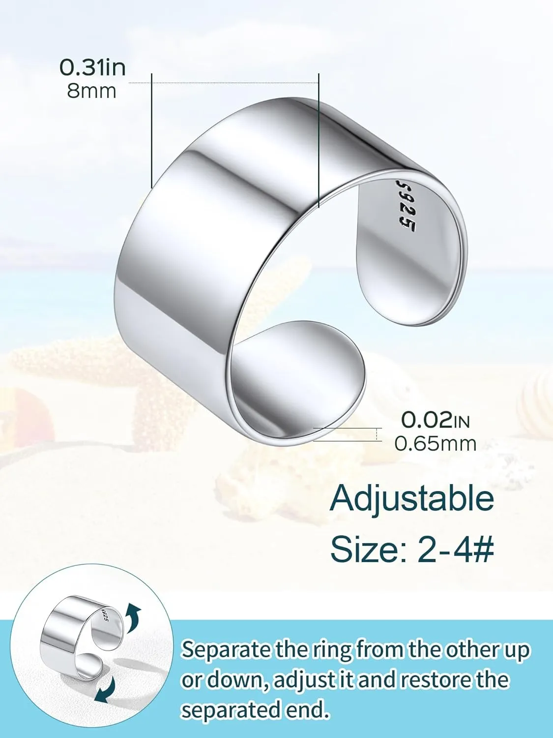 ChicSilver 925 Sterling Silver Toe Ring Minimalist Hypoallergenic Adjustable Band Ring Summer Beach Bare Foot Jewelry