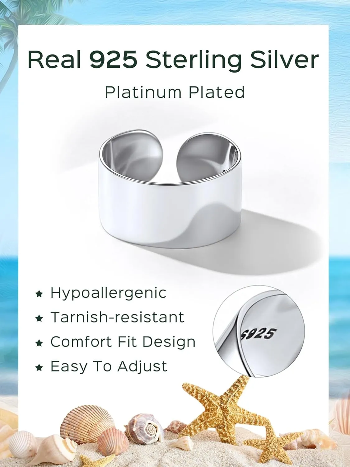 ChicSilver 925 Sterling Silver Toe Ring Minimalist Hypoallergenic Adjustable Band Ring Summer Beach Bare Foot Jewelry