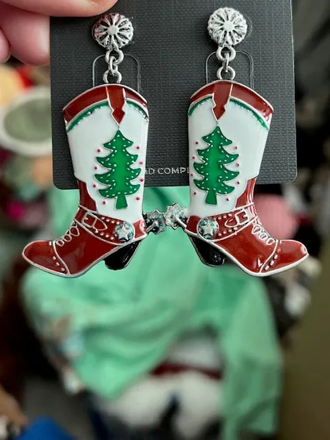 Christmas Tree Cowboy Boot Stud Back Earrings