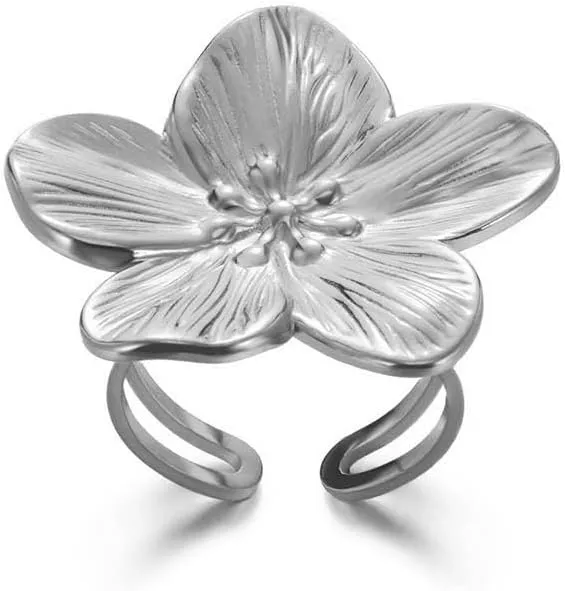 Chunky Gold Flower Rings for Women Adjustable Wide Statement Rings Flower Punk Party Jewelry