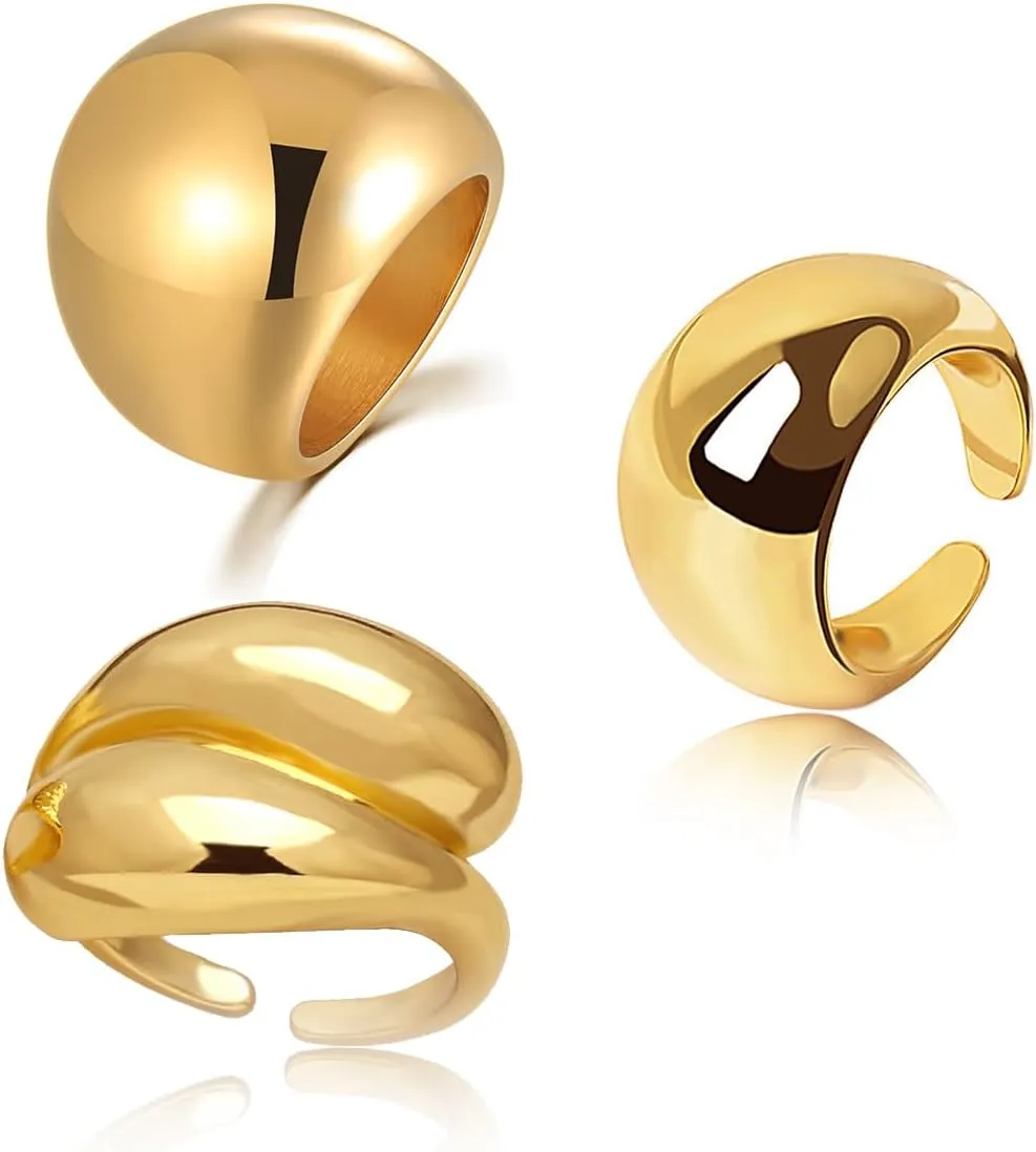 Chunky Gold Rings for Women - Adjustable Set With Thick Dome and Statement Open Rings